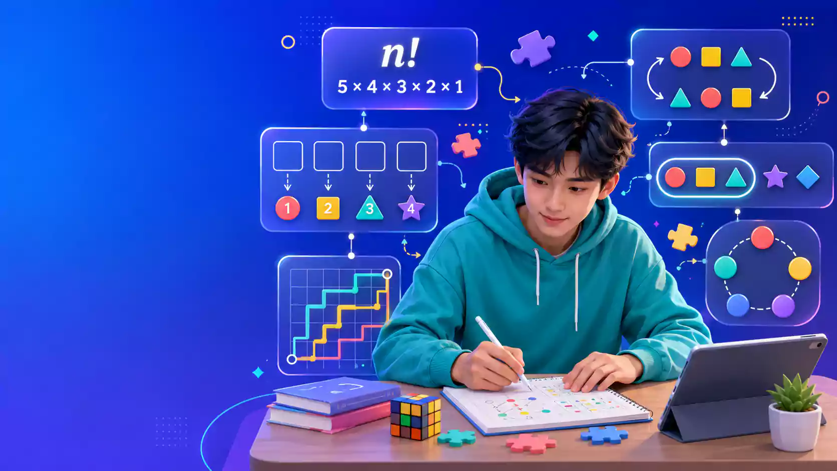 Ilustrasi materi kombinatorika tentang faktorial, filling slot, permutasi, dan kombinasi